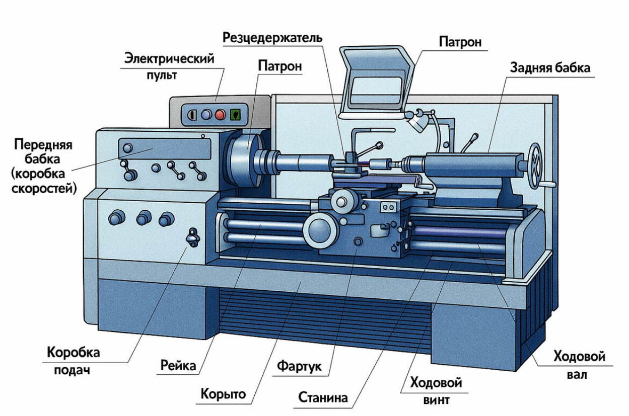 Общая схема устройства токарного станка с обозначением узлов
